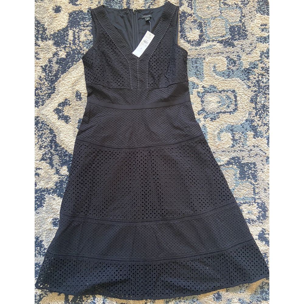 Ann Taylor Black Eyelet Midi Dress, Size 2 NWT